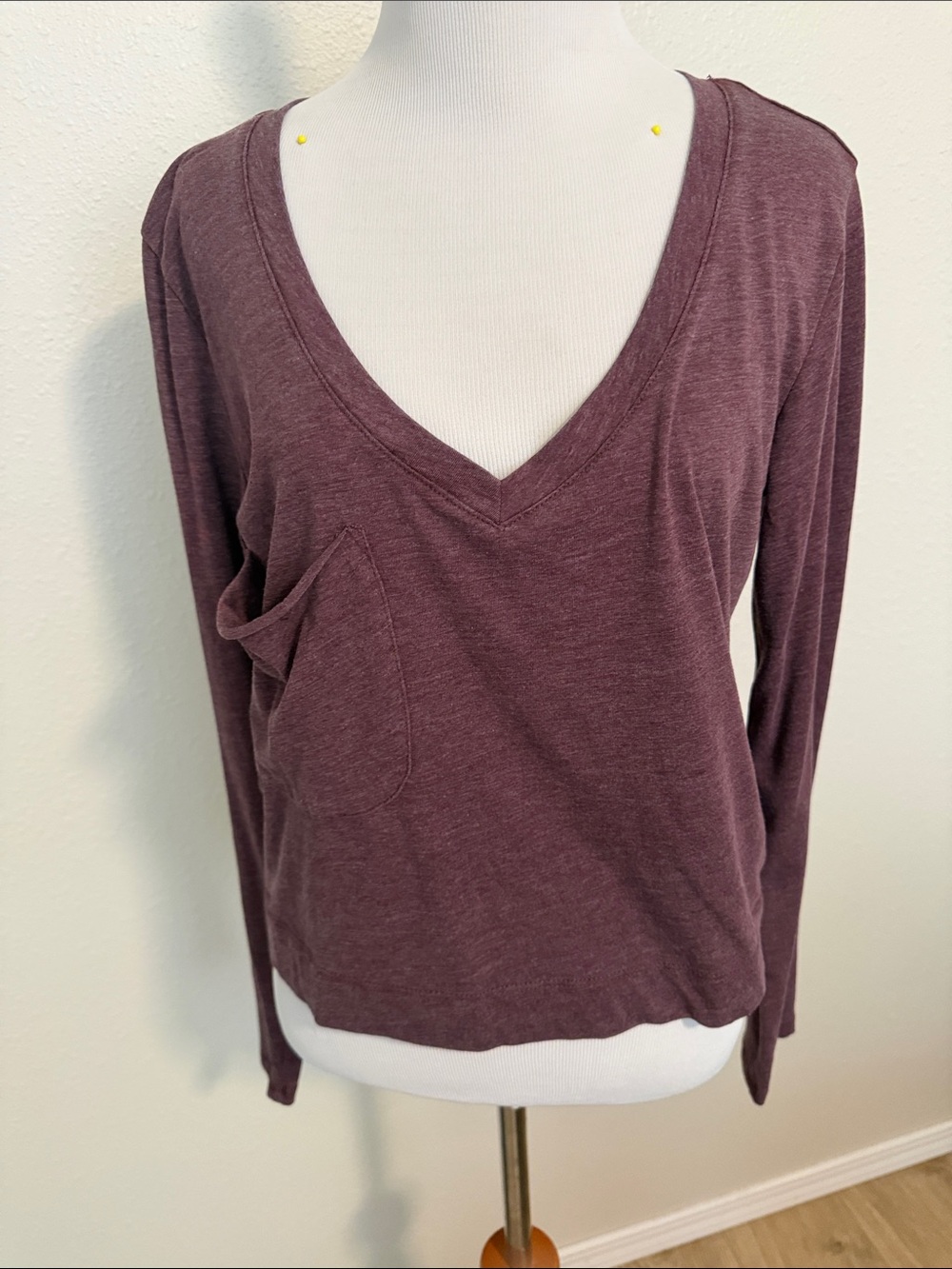 Z Supply Plum V-Neck Long Sleeve Top with Pocket